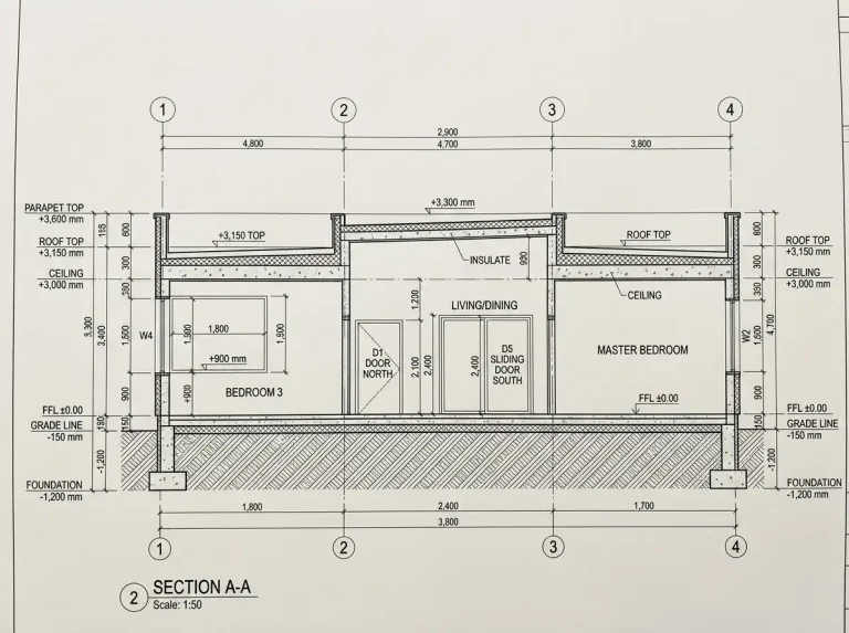 3BHK Complete House Plan on a 300 m² (approx. 3,230 sq ft) plot.